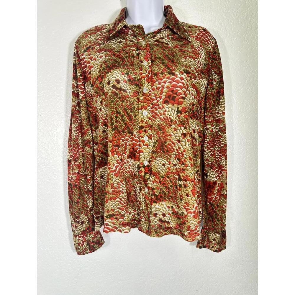 VTG Donnkenny Disco Shirt Sz M Retro 70s Earth Tone Abstract Print Top